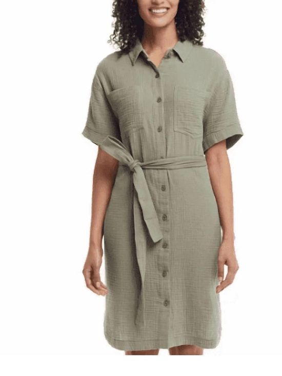 Weatherproof Dresses & Skirts - Size S 100% Cotton Olive Green Button-Front Gauzy Shirt Dress with Waist Tie